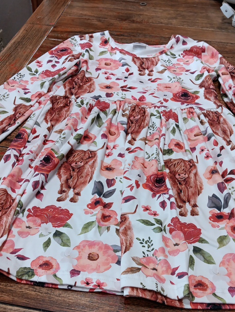 Girls Floral & Highlands Cow Print Long Sleeve Dress - Pink,brown ,white